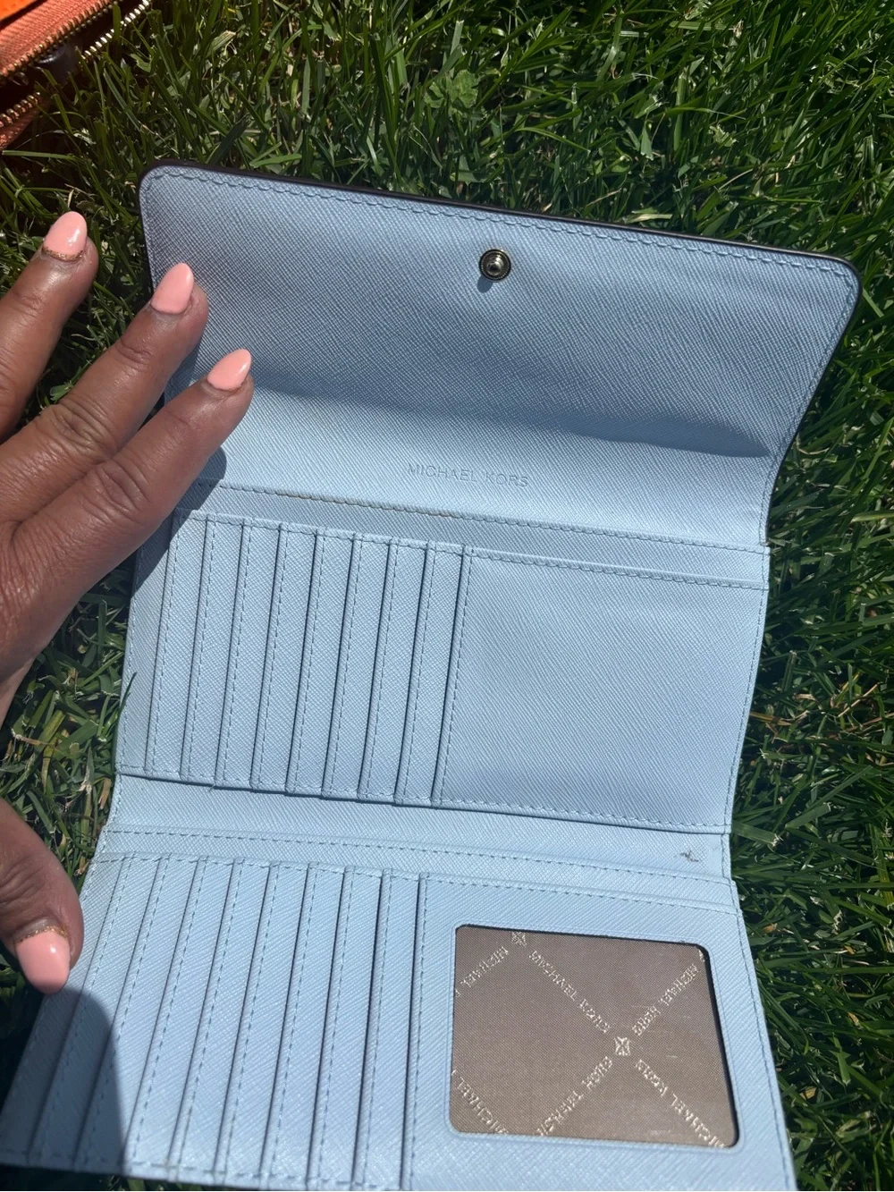 Michael Kors Powder Blue Saffiano Leather Continental Wallet with Gold Logo